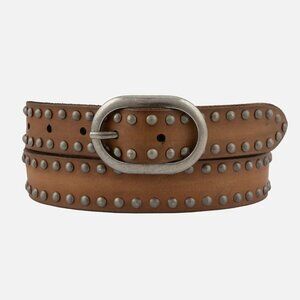 CAMEL TONE LEATHER BELT WITH ANTIQUE PEWTER TONE STUDS AND BUCKLE